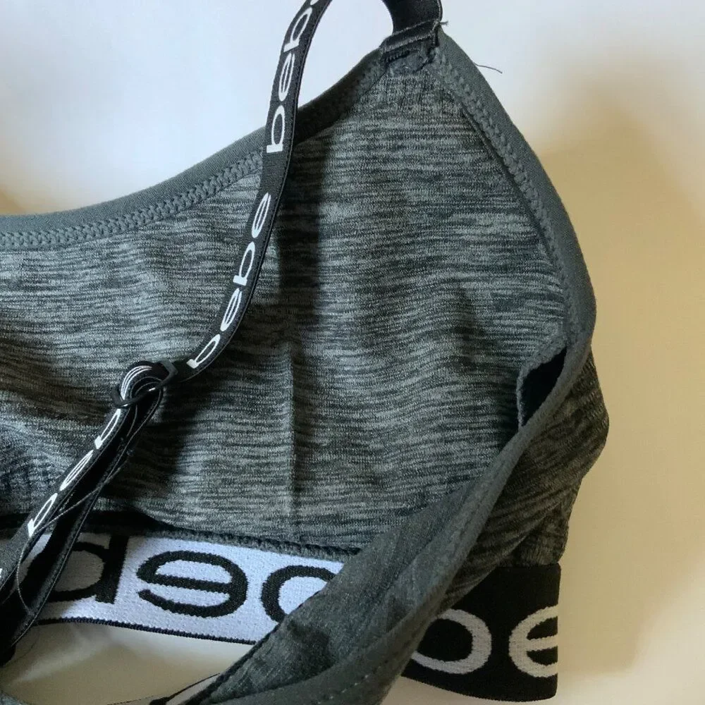 bebe Heathered Grey Black Logo Racerback Sports Bra Size Small